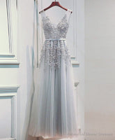 Light Sliver Grey Lace Applique V-neckline Long Party Dress, Light Grey Wedding Party Dress